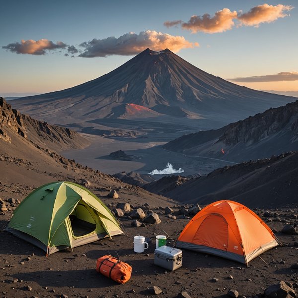 Quels sont les équipements nécessaires pour un camping en région de montagnes volcaniques en été?